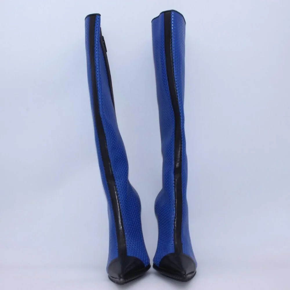 Michael Kors Perforated Leather Abigail Runway Boots Blue/Black Size 40 New